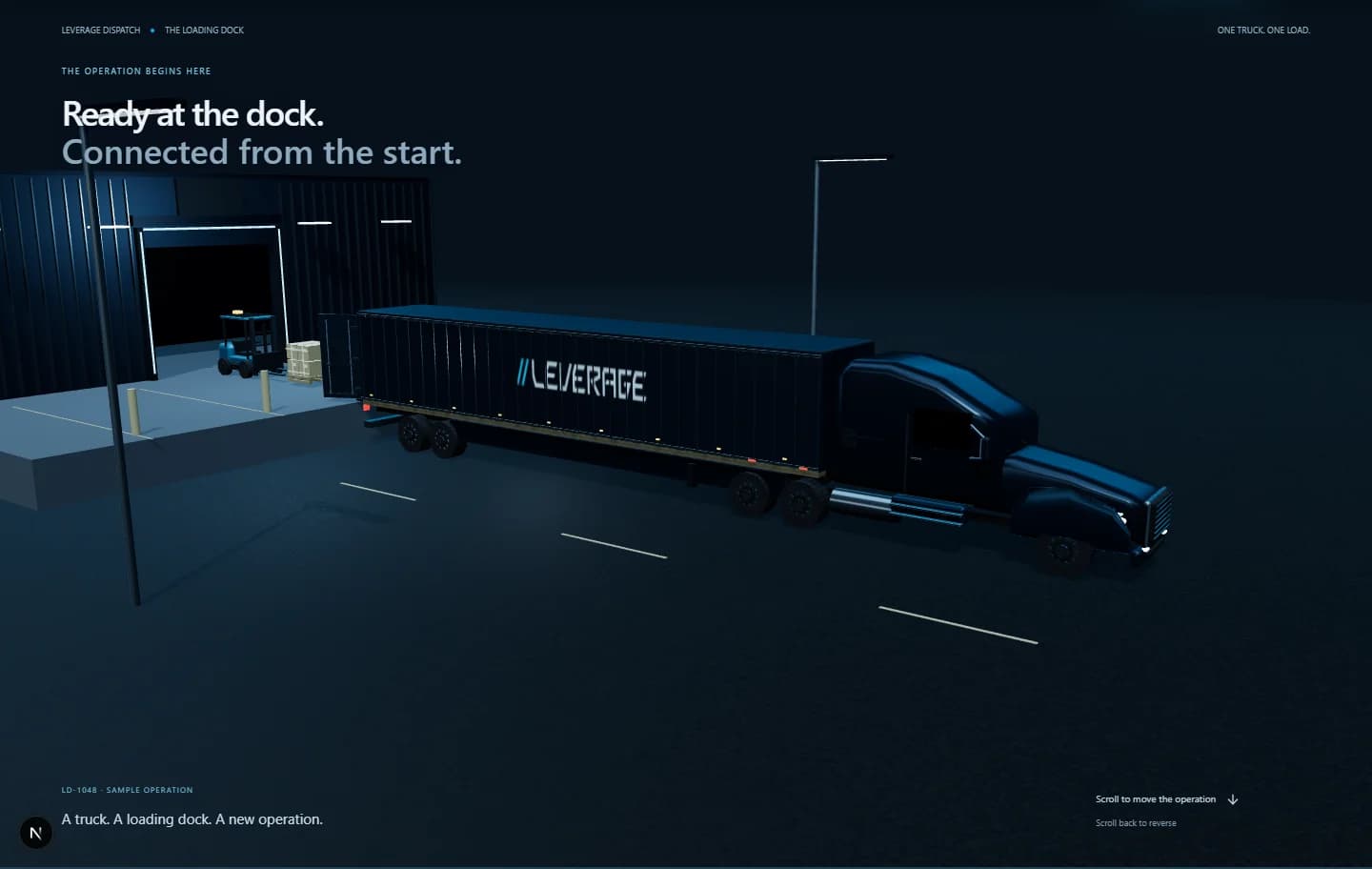 A dark North American conventional sleeper tractor and 53-foot trailer at the LEVERAGE loading dock